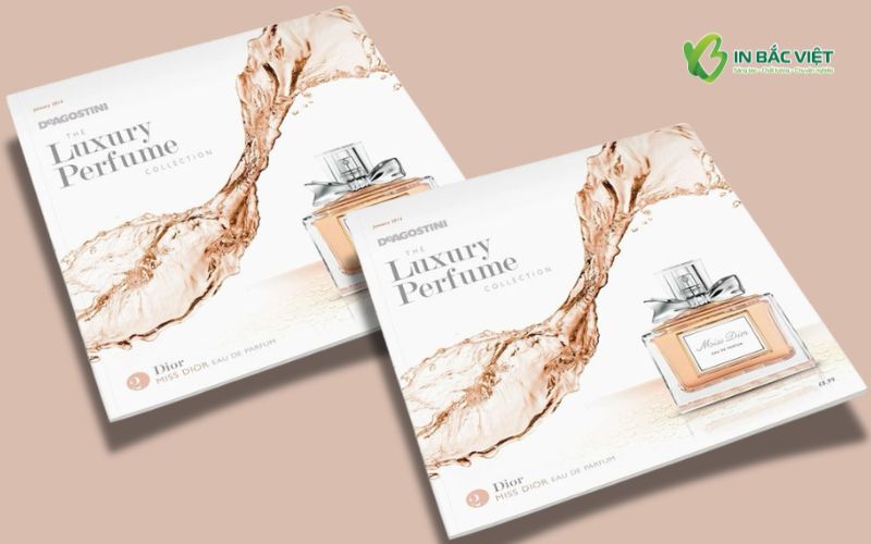 Ấn phẩm catalogue khổ vuông giới thiệu nước hoa với phong cách tinh tế, hình ảnh mềm mại và cuốn hút