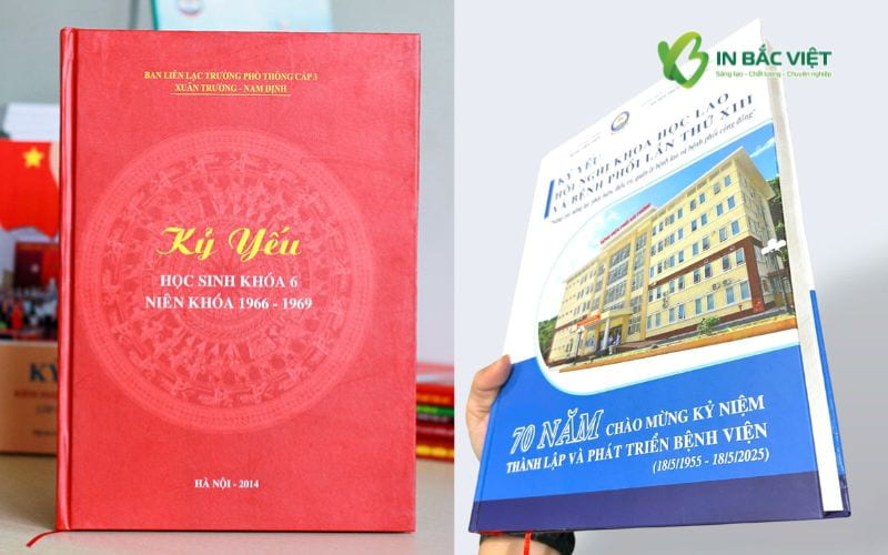Kỷ yếu bìa cứng cho trường học (trái) và bìa kỷ yếu hội thảo (phải), thiết kế trang trọng