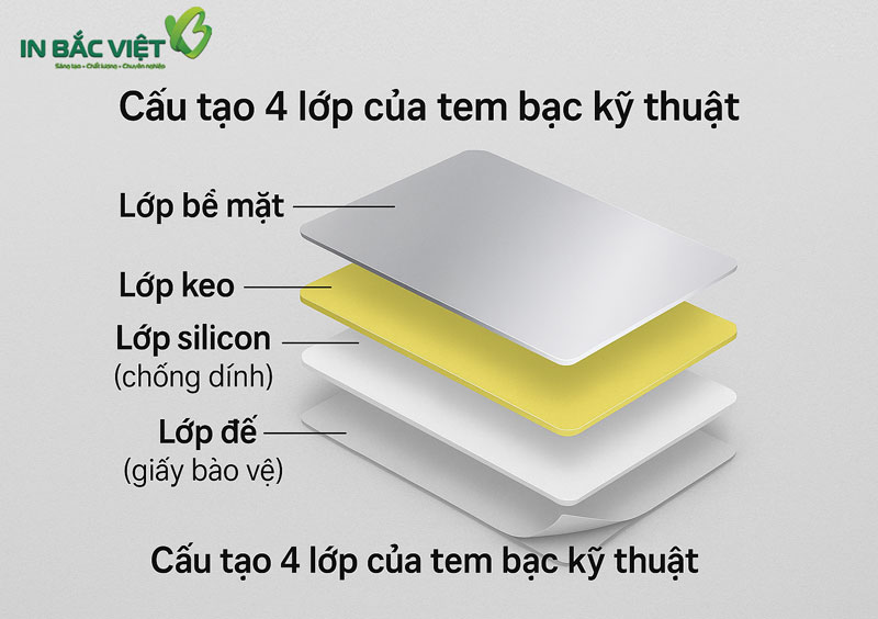 Cấu tạo tem bạc gồm 4 lớp chi tiết – lớp mặt bạc, keo, silicon, đế