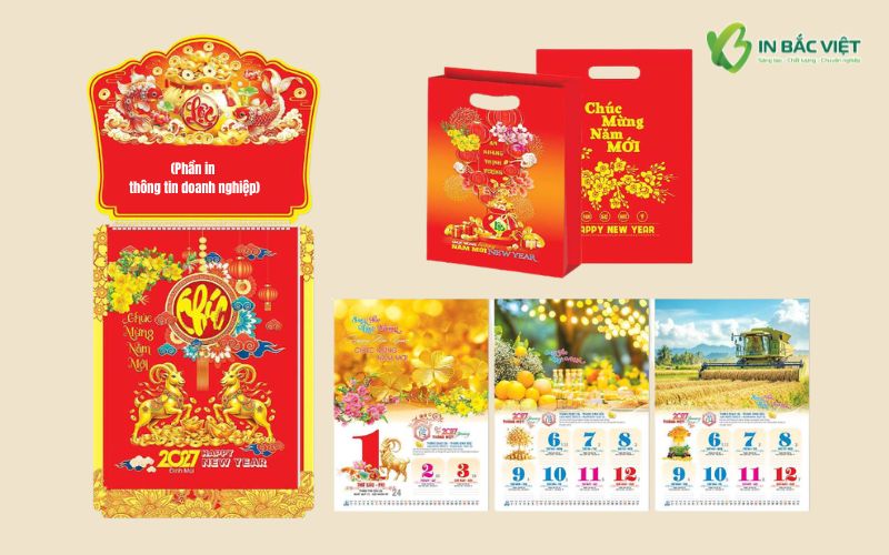 Bộ lịch bloc 52 tuần Xuân Đinh Mùi 2027 gồm khánh lịch, bloc tuần và túi quà