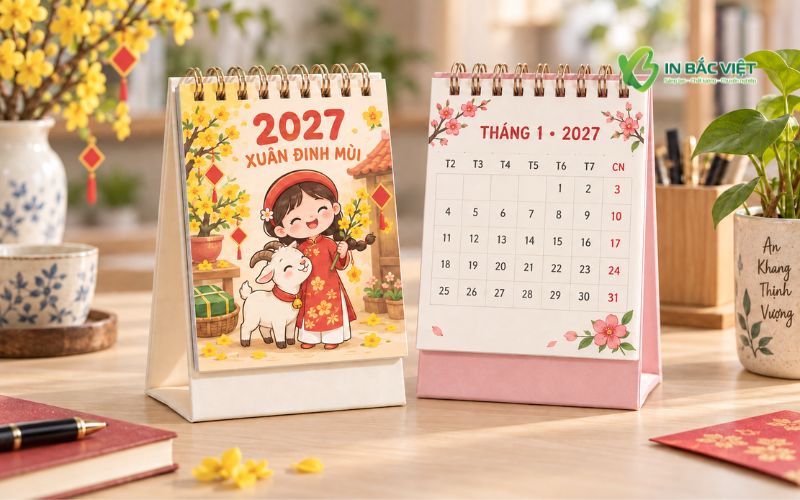 Mẫu lịch để bàn Tết 2027 dễ thương phong cách cute Xuân Đinh Mùi 