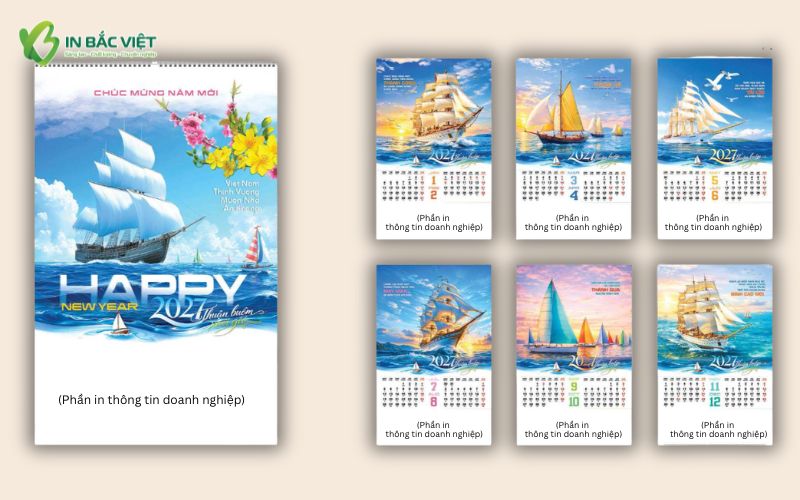 Lịch phôi 7 tờ treo tường in thông tin doanh nghiệp làm quà tặng Tết 2027