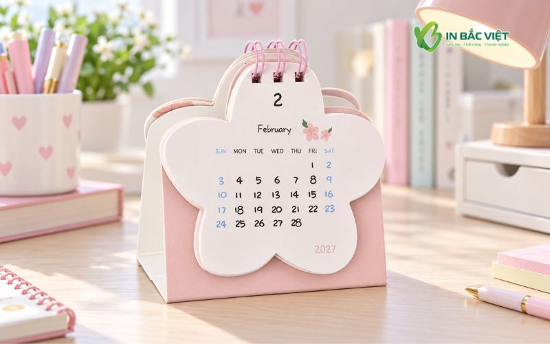 Lịch để bàn dễ thương 2027 thiết kế hình hoa tông màu hồng pastel