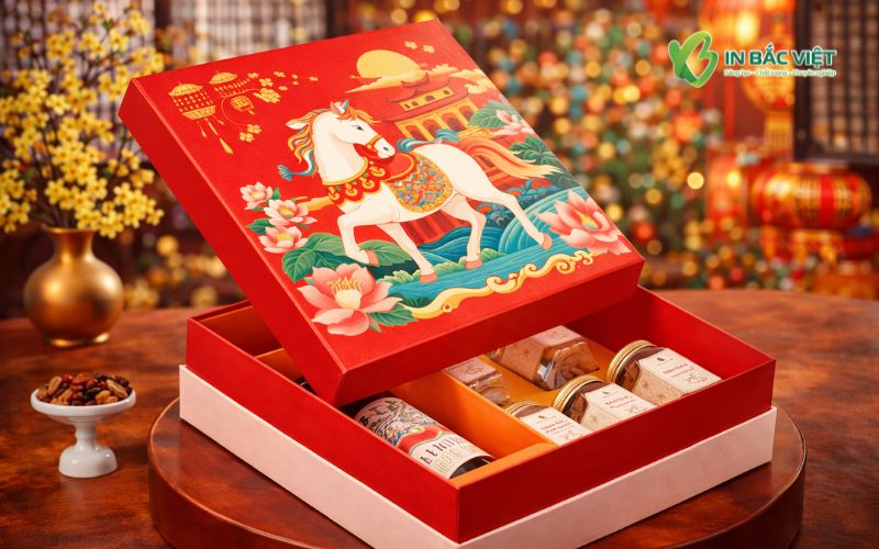 Mẫu hộp quà Tết 2026 thiết kế theo yêu cầu riêng, phong cách truyền thống sang trọng cho doanh nghiệp
