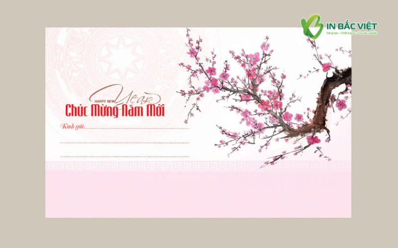 Mẫu phong bì Tết màu hồng với họa tiết cành đào
