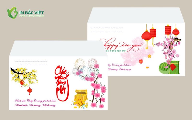 Mẫu phong bì Tết 2026 với họa tiết hoa mai và hoa đào truyền thống