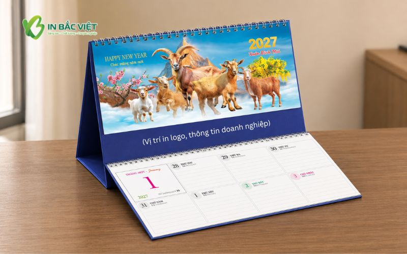 Mẫu lịch để bàn chữ M Xuân Đinh Mùi 2027 với hình tượng linh vật dê