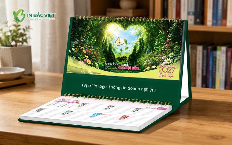 Mẫu lịch để bàn ghi chú chữ M chủ đề cảnh sắc thiên nhiên xanh