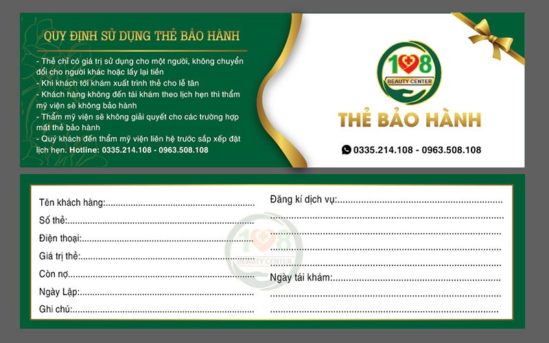 mẫu thẻ bảo hành spa đẹp dành cho các trung tâm thẩm mỹ