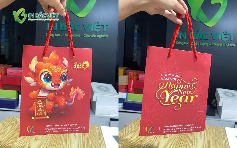 Mẫu túi giấy Tết thiết kế và in ấn tại In Bắc Việt với hình minh họa linh vật dễ thương