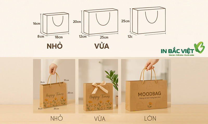 Kích thước in túi giấy đựng túi xách khá đa dạng