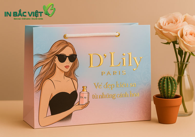 Túi giấy đựng nước hoa cao cấp kết hợp ép kim, UV và bế nổi
