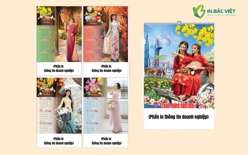 Lịch 5 tờ nẹp thiếc Xuân Đinh Mùi 2027 chủ đề Áo dài Việt Nam