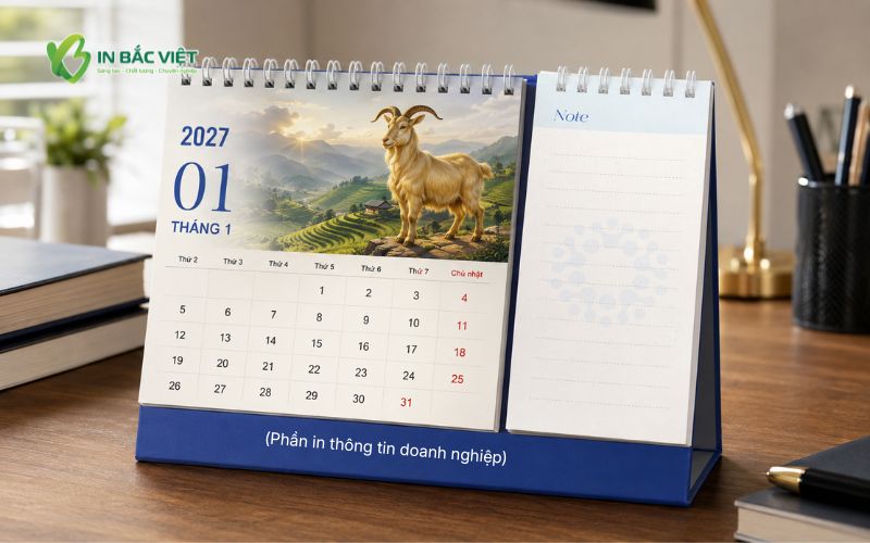 Mẫu lịch để bàn chữ A 2027 có phần note ghi chú tiện lợi