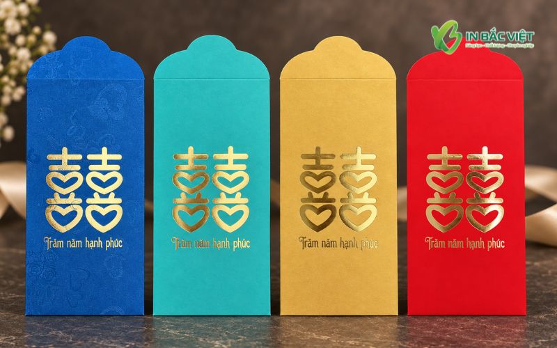 Bao lì xì chữ Hỷ ép nhũ vàng trên giấy nhung nhiều màu