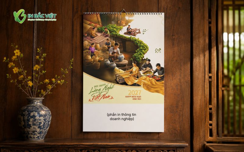 Mẫu lịch treo tường lò xo 7 tờ 2027 chủ đề văn hóa Việt có phần in thông tin doanh nghiệp