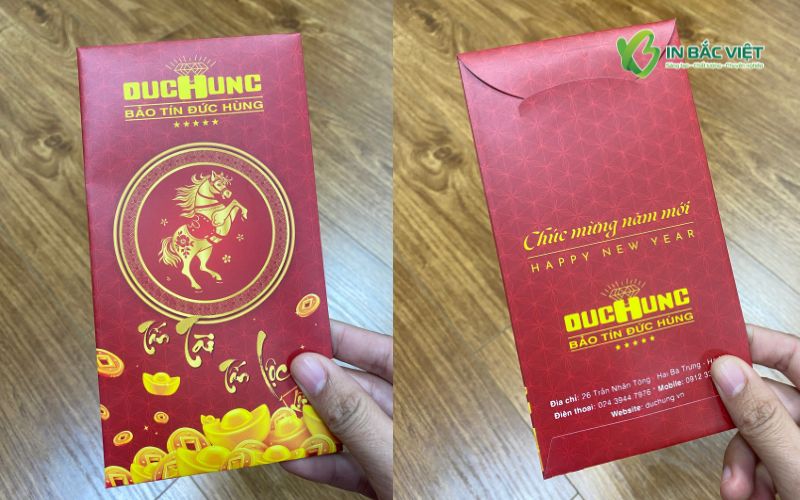 Bao lì xì con ngựa Tết 2026 cho cửa hàng vàng bạc Đức Hùng, thiết kế sang trọng và may mắn