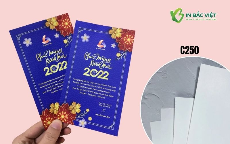 Thiệp chúc mừng năm mới in trên giấy C250 dày và sắc nét