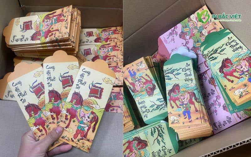 In lì xì hình con ngựa phong cách tranh dân gian với minh họa truyền thống, màu sắc tươi vui và gần gũi