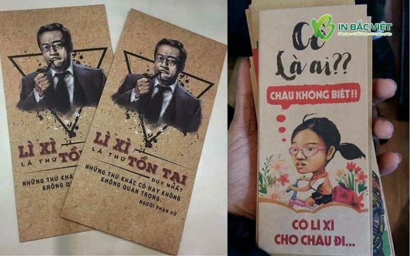 Mẫu bao lì xì meme nhân vật với câu nói hot trend, phong cách hài hước trên nền giấy kraft