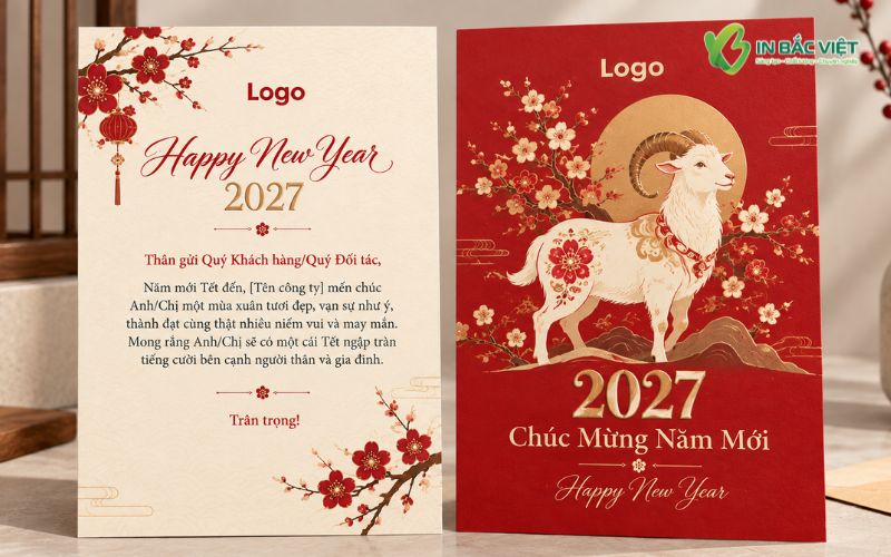 Mẫu thiệp chúc Tết doanh nghiệp 2027 dạng thiệp đơn in 2 mặt