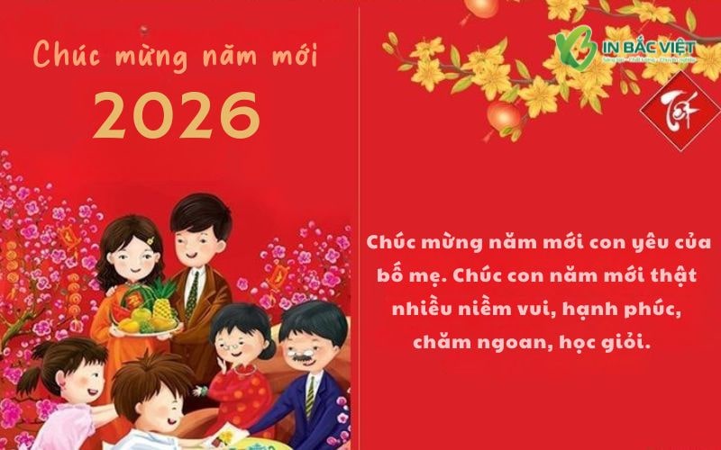 Mẫu thiệp Tết cho bé yêu màu đỏ tươi, hình gia đình sum vầy và lời chúc năm mới dành cho trẻ em