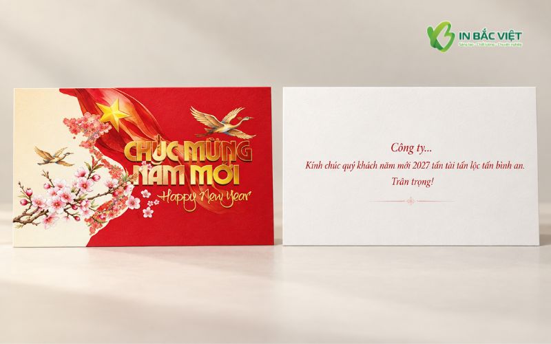 Thiệp Tết doanh nghiệp in 2 mặt đẹp, đơn giản