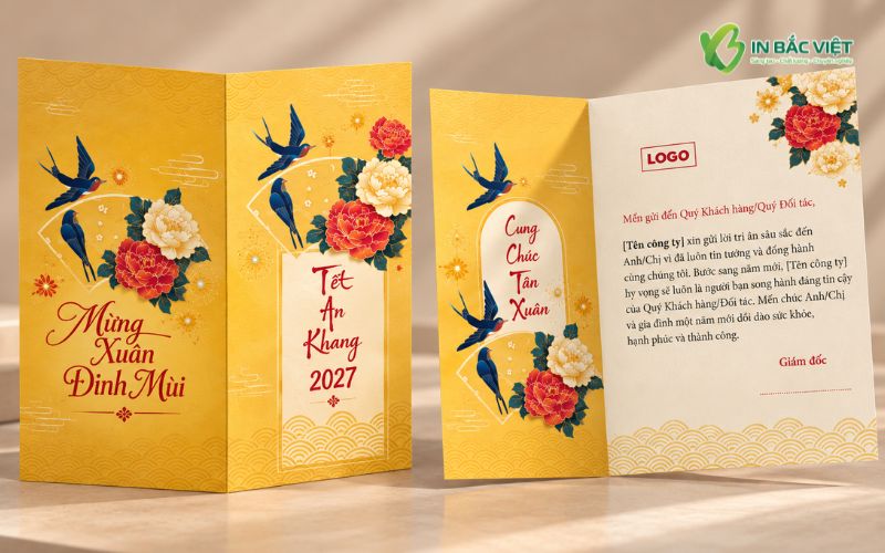 Mẫu thiệp Tết gập đôi 2027 thiết kế sang trọng