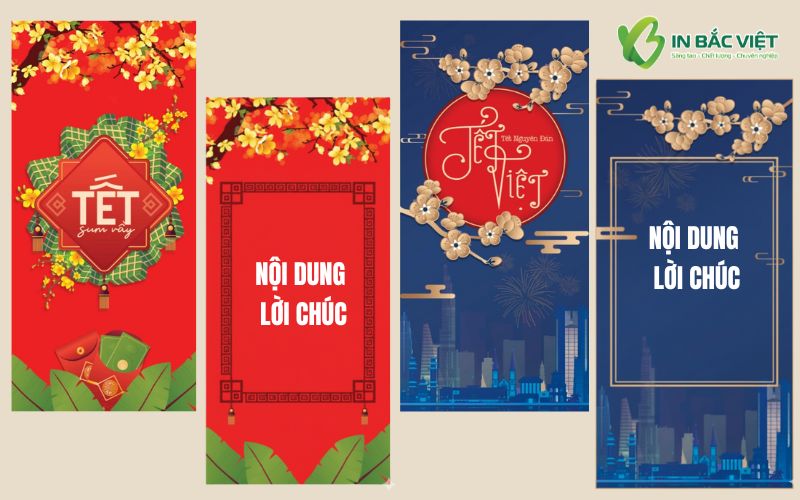 Mẫu thiệp chúc Tết màu đỏ và xanh thiết kế độc đáo