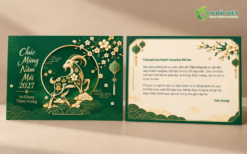 Thiệp Tết 2027 Đinh Mùi kiểu dáng ngang