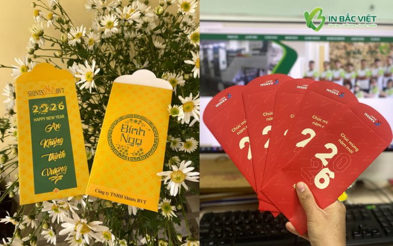 Mẫu bao lì xì doanh nghiệp màu đỏ, màu vàng đẹp được thiết kế và in ấn bởi In Bắc Việt