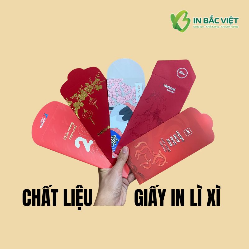 Các chất liệu giấy in lì xì phổ biến như giấy mỹ thuật, Couche, Kraft và Ford