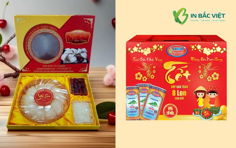 Hộp quà Tết yến sao nắp gập (trái), hộp carton sóng (phải)