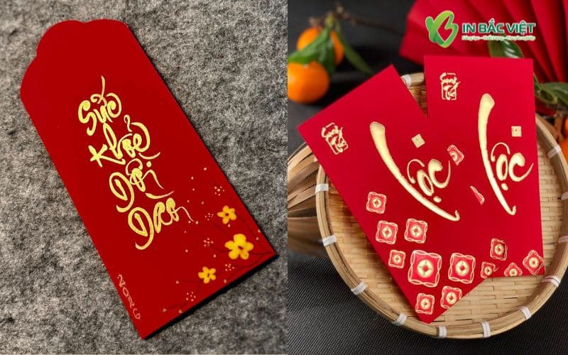 Mẫu lì xì nhung đỏ phong cách chữ thư pháp truyền thống dịp Tết