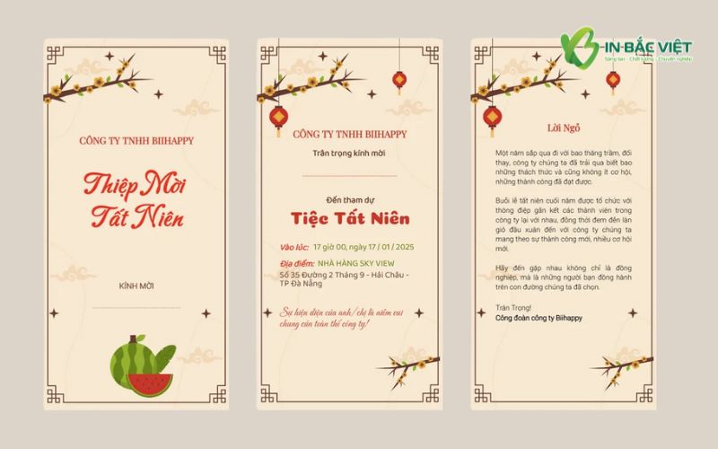 Mẫu thiệp tất niên đầy đủ thông tin với lời mời, thời gian, địa điểm và lời ngỏ được trình bày rõ ràng