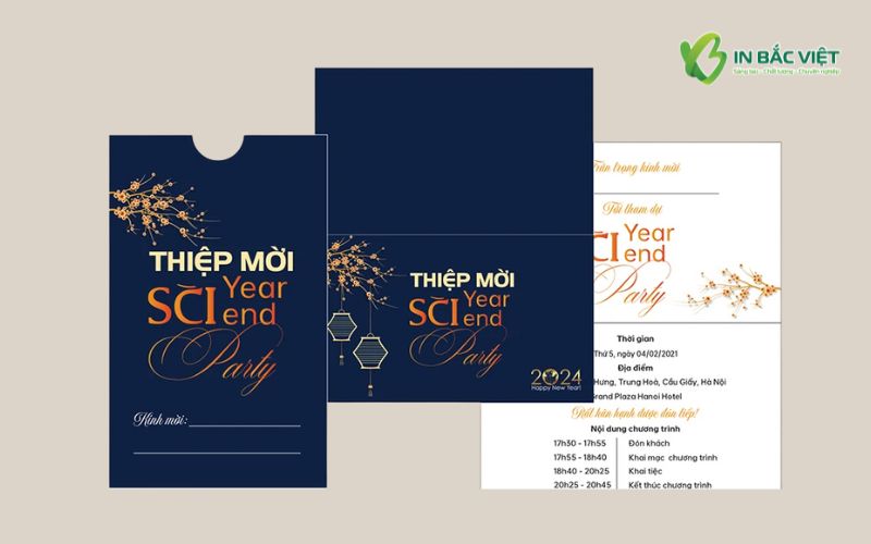 Mẫu thiệp Year End Party sang trọng, hiện đại với tông xanh navy và chi tiết ép kim vàng nổi bật.