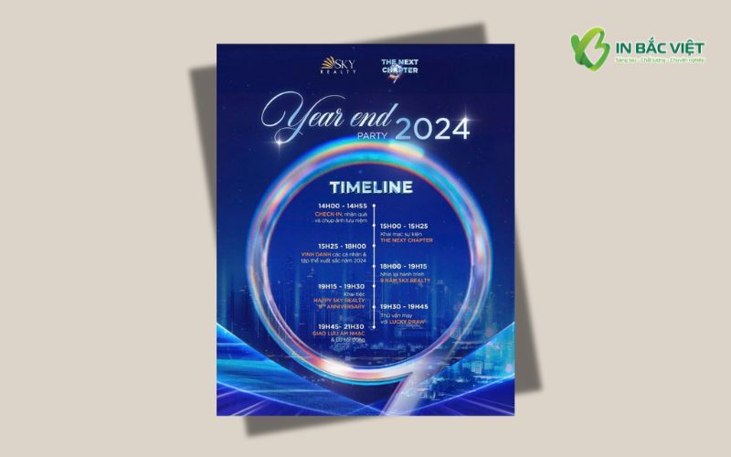Mẫu thiệp mời Year End Party thiết kế trẻ trung, tông xanh neon hiện đại và bố cục timeline nổi bật