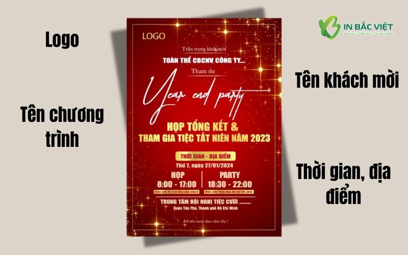 Nội dung cần có trên thiệp mời tất niên, gồm logo, tên chương trình, tên khách mời, thời gian và địa điểm tổ chức