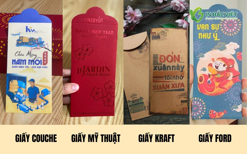 So sánh bao lì xì in trên giấy Couche, giấy mỹ thuật, giấy Kraft và giấy Ford