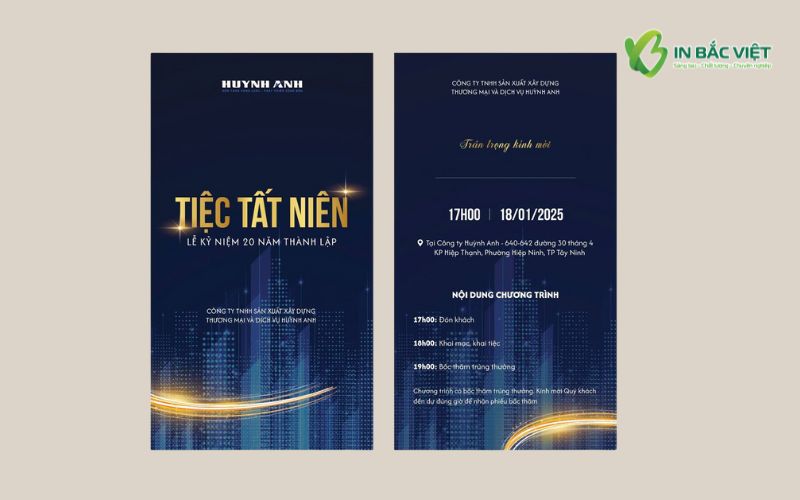 Thiệp mời tiệc tất niên doanh nghiệp thiết kế sang trọng, tông xanh navy – vàng ánh kim hiện đại