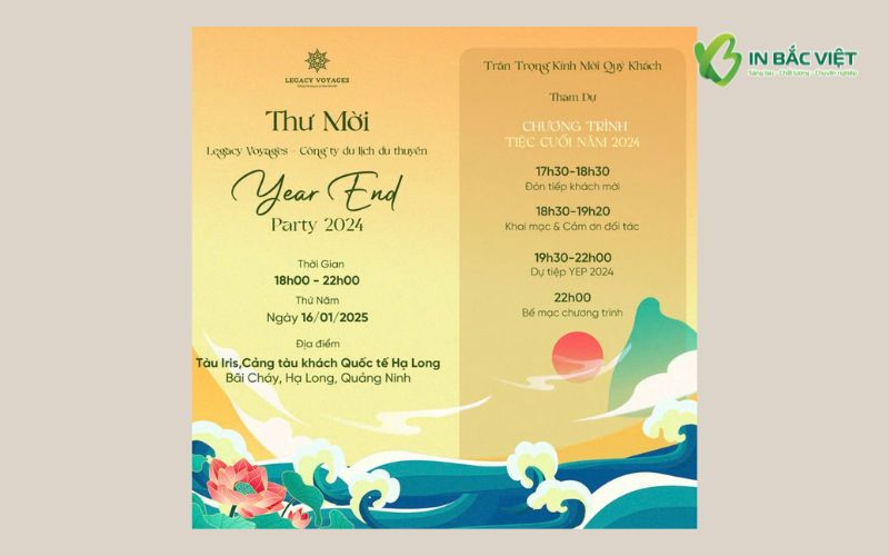 Thư mời tham dự Year End Party công ty với thiết kế màu vàng – xanh pastel và họa tiết sóng biển độc đáo