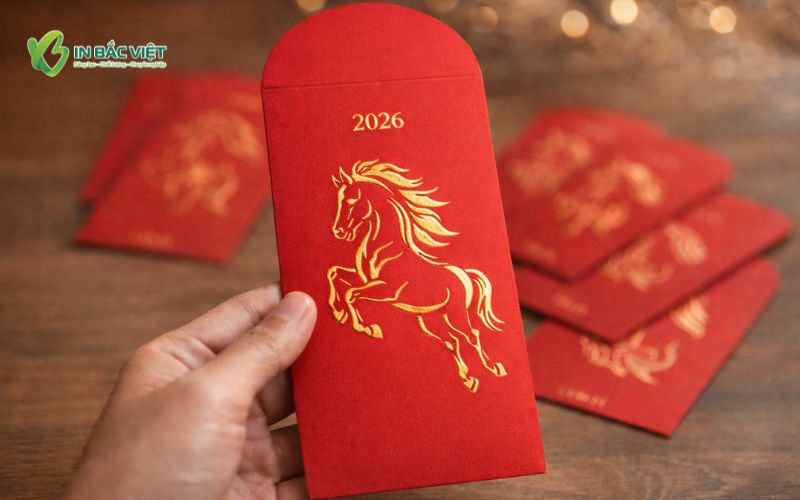 Lì xì in dập nổi hình con ngựa nổi bật trên nền đỏ