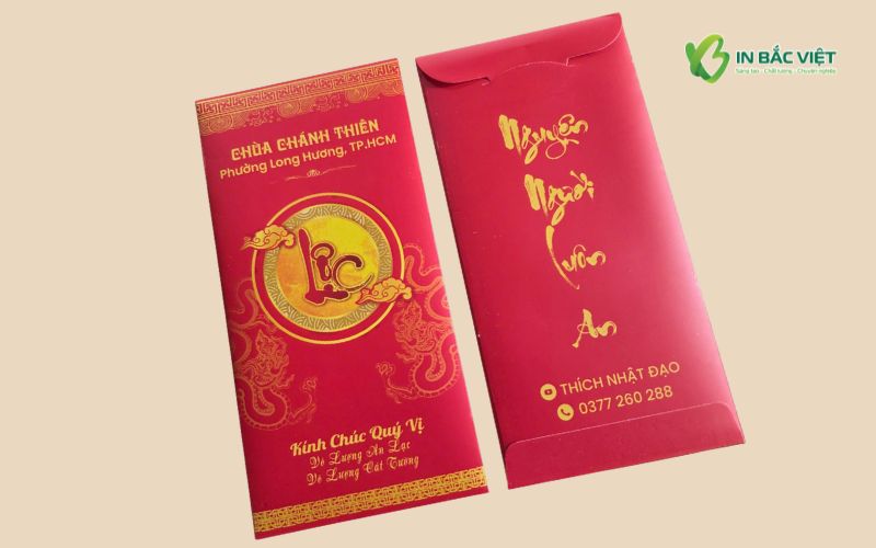 Bao lì xì Tết chùa Chánh Thiên thiết kế trang nhã, in hình và lời chúc đầu năm