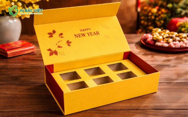 Hộp quà Tết màu vàng sang trọng, thiết kế cao cấp cho quà biếu dịp Tết