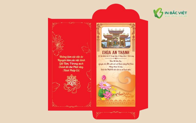 Mẫu bao lì xì chùa An Thạnh thiết kế trang nhã, in hình chùa và lời chúc đầu năm