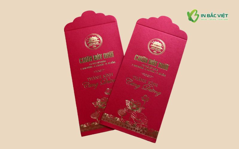 Mẫu bao lì xì chùa Bát Nhã in giấy mỹ thuật, ép kim trang nhã và cao cấp