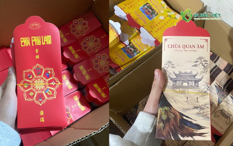 Hai mẫu bao lì xì nhà chùa đẹp được in thực tế tại In Bắc Việt