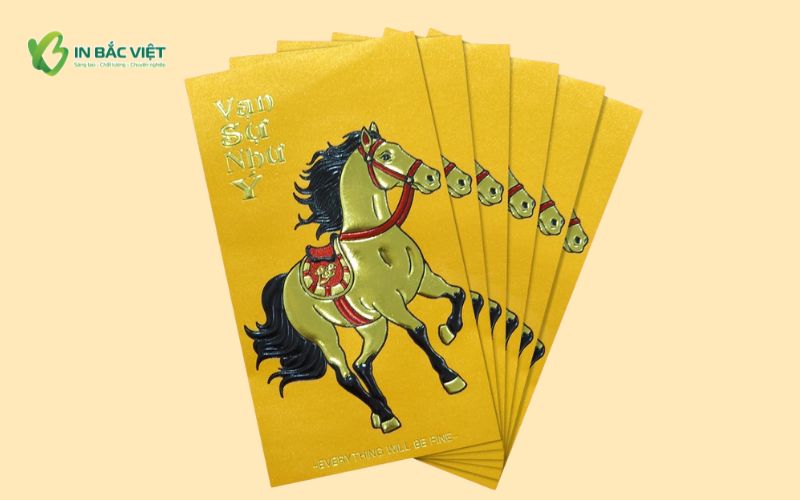 Mẫu lì xì con ngựa dập nổi tạo khối rõ nét, màu vàng sang trọng