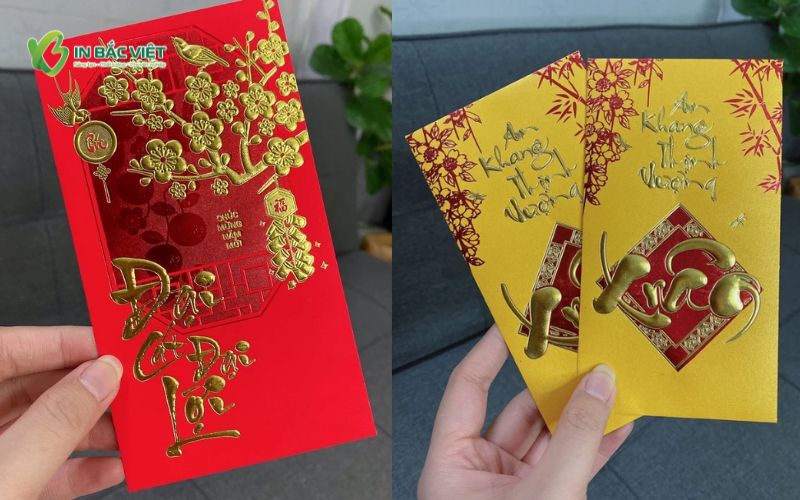 Mẫu lì xì dập nổi đỏ và vàng với nhiều kích thước lớn nhỏ khác nhau