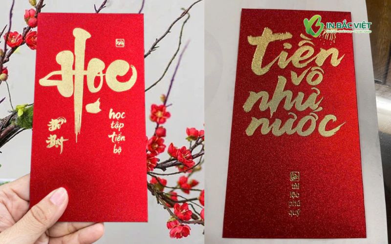 Mẫu lì xì kim tuyến cát ép kim chữ thư pháp tạo điểm nhấn sang trọng